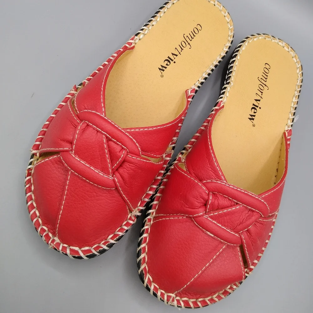 Comfortview Red Faux Leather Mules Buckle Knot Stitching 7W Vintage - Picture 8 of 12